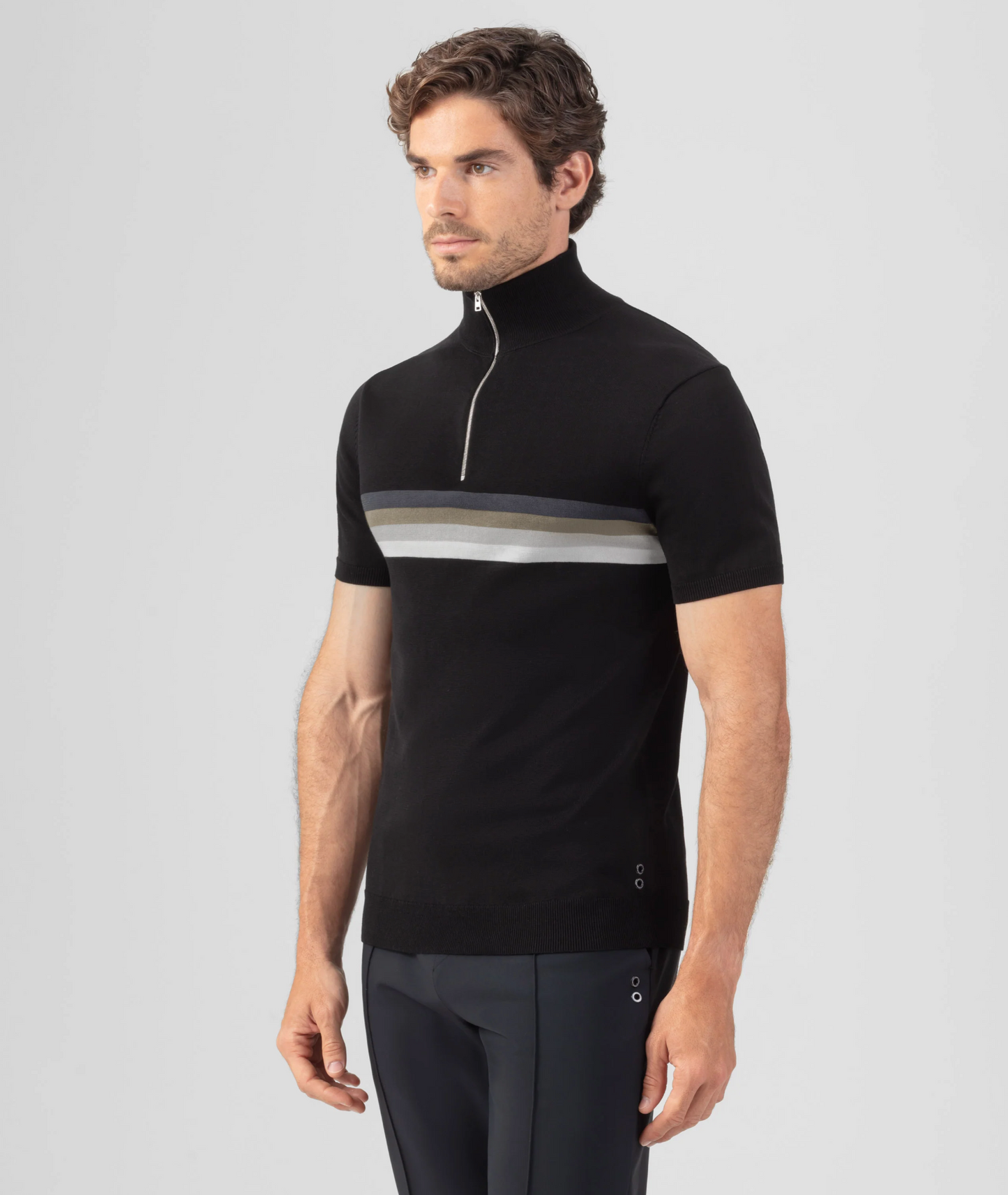 BLACK STRIPED COTTON SILK POLO SHIRT - RON DORFF