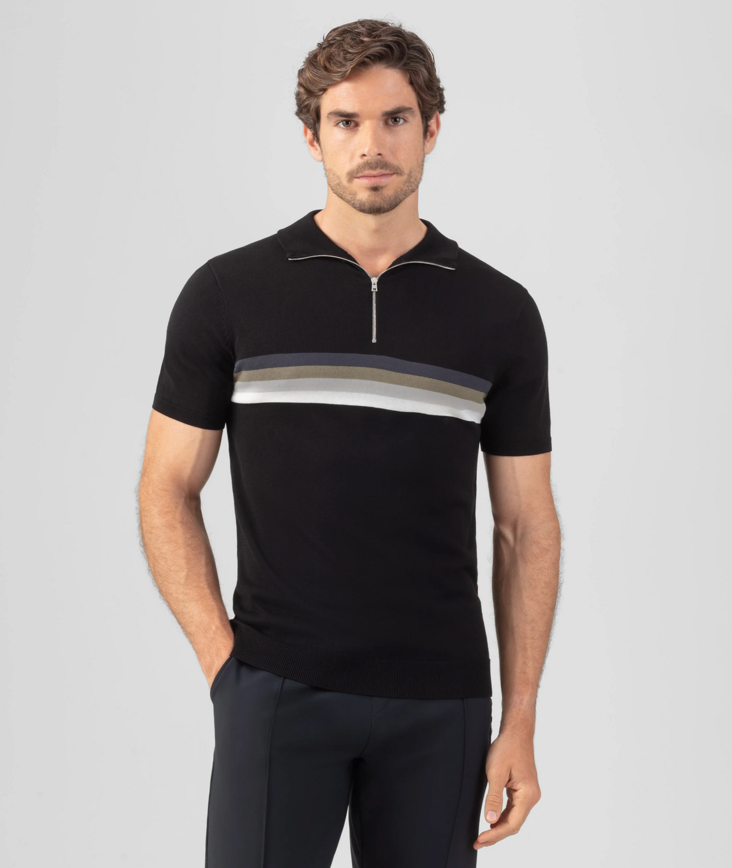 BLACK STRIPED COTTON SILK POLO SHIRT - RON DORFF